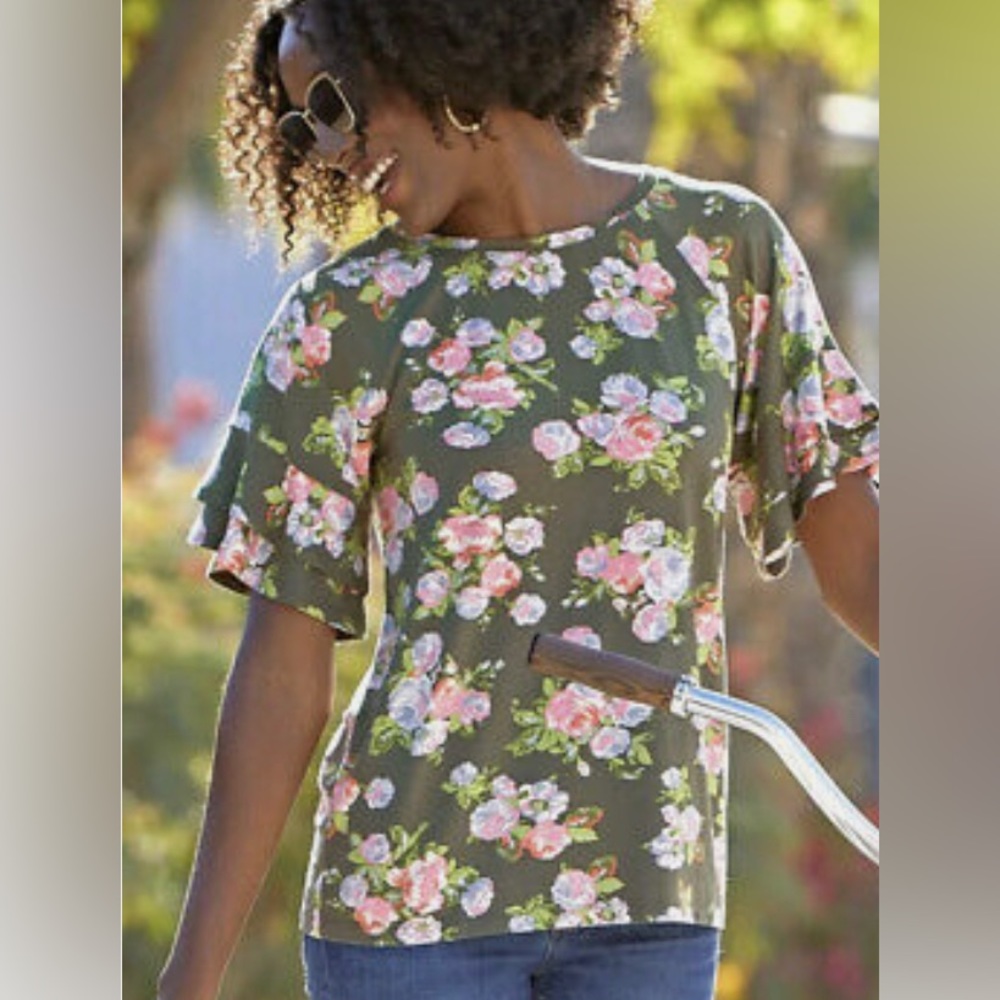 Matilda Jane flouncy floral green ruffle top S